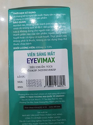 VIÊN SÁNG MẮT EYEVIMAX. Bổ sung các dưỡng chất hỗ trợ tăng cường thị lực cho mắt.Hỗ trợ làm giảm nguy cơ suy giảm thị lực